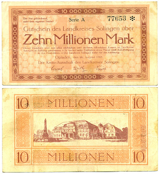 ОПЛАДЕН 10000000 МАРОК 1923 НОТГЕЛЬД, 28 АВГУСТА 1923, СЕРИЯ А, ЗЕМЛЯ СЕВЕРНЫЙ РЕЙН-ВЕСТФАЛИЯ бумага 6294-37-3