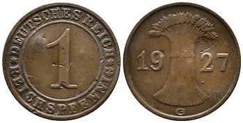 ГЕРМАНИЯ 1 РЕЙХСПФЕННИГ 1927 G KM 37, J. 313 бронза 39-929