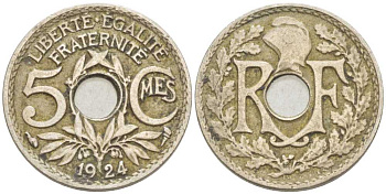 ФРАНЦИЯ 5 САНТИМОВ 1924 ТИП ЛИНДАЙЁ KM 875, LE FRANC 122.8 медно-никель 175-315