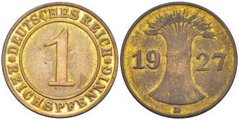 ГЕРМАНИЯ 1 РЕЙХСПФЕННИГ 1927 D KM 37, J. 313, Weege 2 бронза 206-827