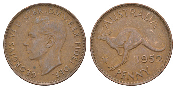 Австралия 1 пенни 1952 m, Георг VI (1937-1952), кенгуру KM 43 бронза 4179-211
