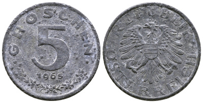 Австрия 5 грошей 1965 KM 2875 цинк 57-1313