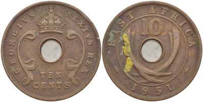 Британская Восточная Африка 10 центов 1951 Георг VI (1936-1952) KM 34 бронза 3333-1215
