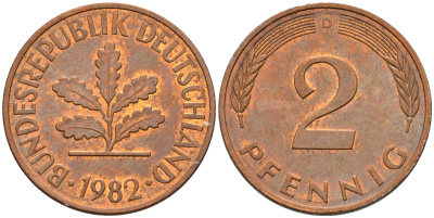 ФРГ 2 пфеннига 1982 D KM 106a, J.381a сталь плакированная сталь плакированная медью UNC 4588-268
