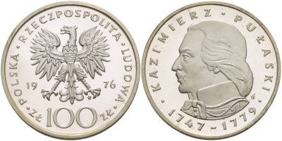 Польша 100 злотых 1976 MW, Казимир Пулавский (1747-1779), в оригинальной упаковке KM 84, Parchimowicz 275 серебро PROOF 5-3-1-31