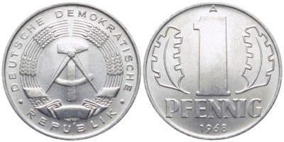 ГДР 1 ПФЕННИГ 1968 А КМ 8.1 алюминий UNC 105-1237