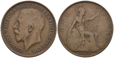 Великобритания 1 пенни 1915 Георг V (1910-1936) KM 810, Spink 4051 бронза 221-445