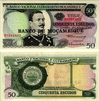 Мозамбик 50 эскудо 1970 (1976) надпечатка на 1970, Жоао де Азеведо Коутиньо Pick 116 a бумага UNC (пресс) 7487-10-1