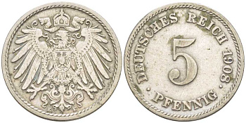 Германия 5 пфеннигов 1908 E KM 11, Jager 12, Weege 6 медно-никель 206-1224