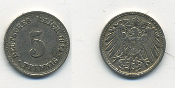 Германия 5 пфеннигов 1911 D KM 11, J. 12, Weege 6 медно-никель 23-934