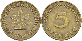 ФРГ 5 ПФЕННИГОВ 1968 D KM 107, J. 382 сталь плакированная латунью 4181-919