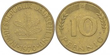 ФРГ 10 ПФЕННИГОВ 1970 G KM 108 J. 383 сталь плакированная латунью 4539-921