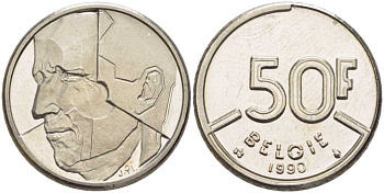 БЕЛЬГИЯ 50 ФРАНКОВ 1990 BELGIE, БОДУЭН I (1951-1993) KM 169 никель 4384-613