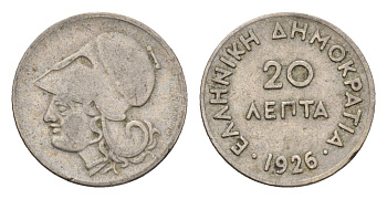 Греция 20 лепт 1926 Афина в коринфском шлеме, год-тип KM 67 медно-никель 4668-1246
