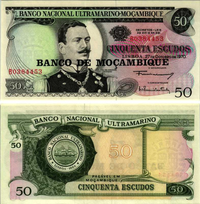 Мозамбик 50 эскудо 1970 (1976) надпечатка на 1970, Жоао де Азеведо Коутиньо Pick 116 a бумага UNC (пресс) 7487-10-1