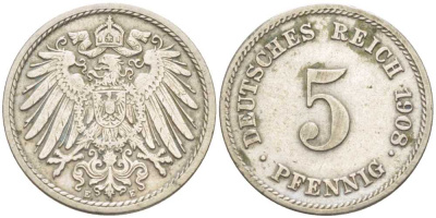 Германия 5 пфеннигов 1908 E KM 11, Jager 12, Weege 6 медно-никель 206-1224
