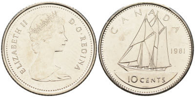 Канада 10 центов 1981 Елизавета II (1952-2022), парусник KM 77.2 никель  UNC  4147-359