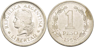 Аргентина 1 песо 1958 голова свободы влево KM 57 сталь плакированная никелем 4514-932