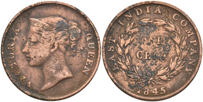 Стрейтс-Сетлментс 1 цент 1845 Виктория (1837-1901), Ост-Индская компания KM 3 медь 4590-144