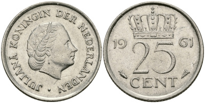 НИДЕРЛАНДЫ 25 ЦЕНТОВ 1961 ЮЛИАНА KM 183 никель 96-147