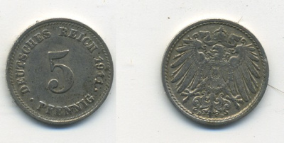 Германия 5 пфеннигов 1911 D KM 11, J. 12, Weege 6 медно-никель 23-934