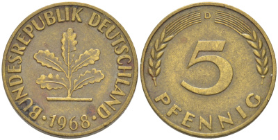 ФРГ 5 ПФЕННИГОВ 1968 D KM 107, J. 382 сталь плакированная латунью 4181-919