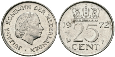Нидерланды 25 центов 1972 Юлиана (1948-1980) KM 183 никель 96-228