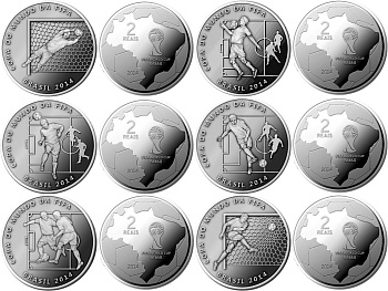 Бразилия набор из 6 монет по 2 реал 2014 Чемпионат мира по футболу в Бразилии KM 691, 692, 693, 694, 695, 696 медно-никель  UNC  M71-19