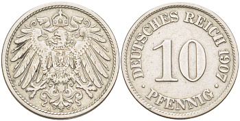 Германия 10 пфеннигов 1907 A KM 12, J. 13, Weege 8 медно-никель 4182-711