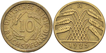 ГЕРМАНИЯ 10 РЕЙХСПФЕННИГОВ 1925 A KM 40, J. 317 алюминиевая бронза 4401-422