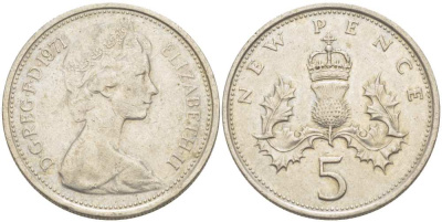 Великобритания 5 пенсов 1971 Елизавета II (1952-2022) KM 911, Spink 4233 (D1) медно-никель 217-716