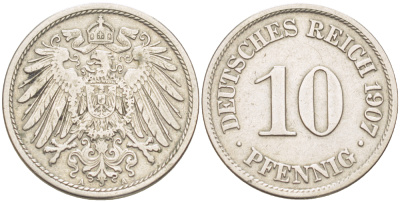 Германия 10 пфеннигов 1907 A KM 12, J. 13, Weege 8 медно-никель 4182-711