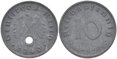 ГЕРМАНИЯ 10 РЕЙХСПФЕННИГОВ 1940 G, KM 101, J. 371 цинк 3996-1168