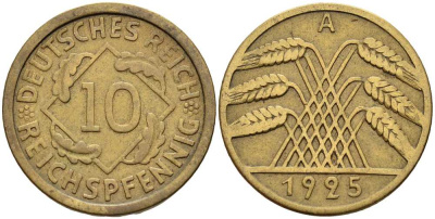 ГЕРМАНИЯ 10 РЕЙХСПФЕННИГОВ 1925 A KM 40, J. 317 алюминиевая бронза 4401-422