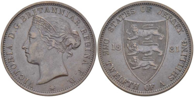 Джерси 1/12 шиллинга 1881 Виктория (1837-1901) KM 8 бронза 3996-424