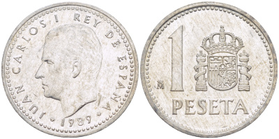 ИСПАНИЯ 1 ПЕСЕТА 1989 ХУАН КАРЛОС I ( 1975-) KM 821 алюминий 216-432