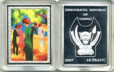 Конго 10 франков 2007 серия шедевры мировой живописи, Август Макке, Дама в зелёном жакете, серебрение, размер 35Х46 мм., цветная эмаль медно-никель PROOF 1066-14-25