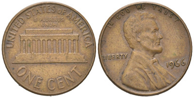 США 1 цент 1966 Авраам Линкольн KM 201 медь цинк 192-968