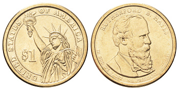 США 1 доллар 2011 Президент США - Ратерфорд Хейз (1877-1881) KM 501 медь с марганцево-латунным покрытием UNC 4666-1014