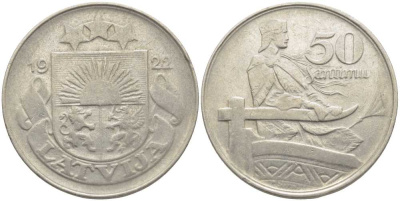 Латвия 50 сантимов 1922 первая Республика (1918-1939) KM 6 никель 113-325