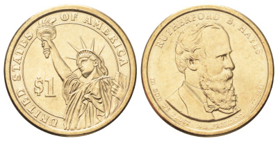 США 1 доллар 2011 Президент США - Ратерфорд Хейз (1877-1881) KM 501 медь с марганцево-латунным покрытием UNC 4666-1014