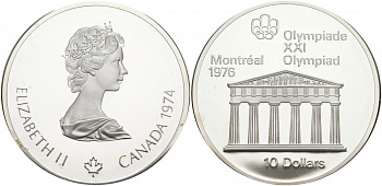 Канада 10 долларов 1974 XXI летние Олимпийские игры в Монреале 1976 года, храм Зевса KM 94 серебро PROOF 01-172-15