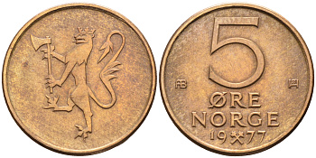 Норвегия 5 эре 1977 Улаф V (1958-1991) KM 415 бронза    4169-317