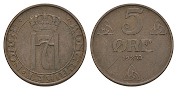 Норвегия 5 эре 1939 Хокон VII (1905-1957) KM 368 бронза 4635-532
