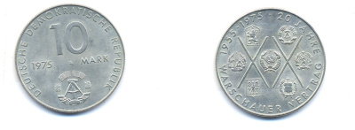 ГДР 10 марок 1975 А, 20 лет Варшавскому договору KM 58, J. 1557 медно-никель UNC 3333-115