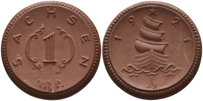 Саксония 1 марка 1921 парусник J. N 55 фарфор 1094-3-83