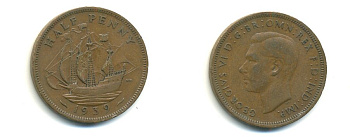 Великобритания 1/2 пенни 1939 Георг VI (1936-1952) KM 844, Spink 4115 бронза 59-1014