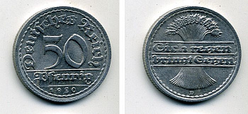 ГЕРМАНИЯ 50 ПФЕННИГОВ 1920 D KM 27, J. 301 алюминий 57-111