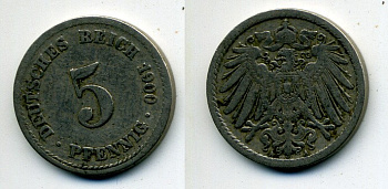 ГЕРМАНИЯ 5 ПФЕННИГОВ 1900 A, KM 11, J. 12 медно-никель 58-1134