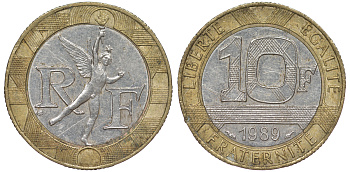 Франция 10 франков 1989 тип гений Бастилии KM 964.1, Le Franc 375.3 биметалл 45-541